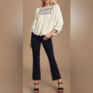 Free People Cypress Ave Cream and Black Blouse with Embroidered Detail - Size S